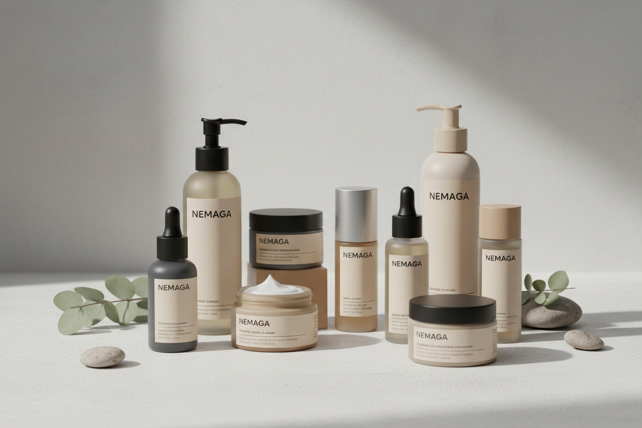 PRODUSE COSMETICE PENTRU FATA UNISEX SA SCRIE PE ELE NUMELE FIRMEI NEMAGA